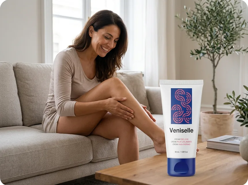 Femme assise soulagée après avoir appliqué une crème sur ses jambes fatiguées